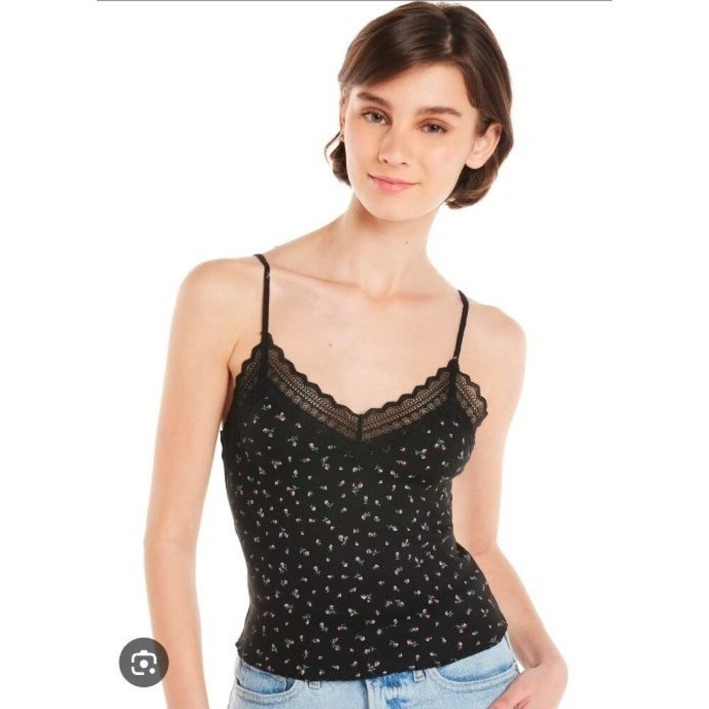 Womens Y2K Whimsigoth Floral Lace Cami Tank Top‎ 3XL Black Ribbed Cropped